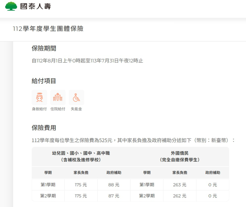 112學年度學年度高級中等以下學校學生及教保服務機構幼兒團體保險之保險費繳納與補助金額及保單條款